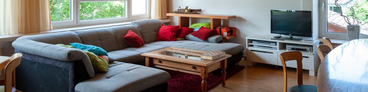 Ein gemütliches Wohnzimmer mit grossem Sofa, einem Fernseher und mehreren Tischen.