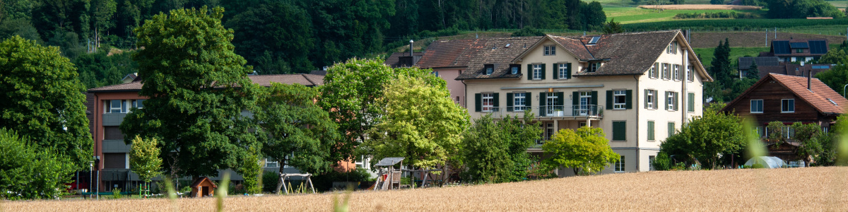 Das Sonderschulheim Mauren aus der Ferne mit vielen Bäumen darum